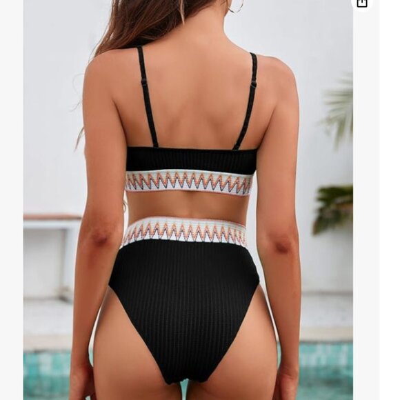 Herseas Women's High Waisted Bikini Set Black Color Block Bathing Suit Chevron - Picture 3 of 6
